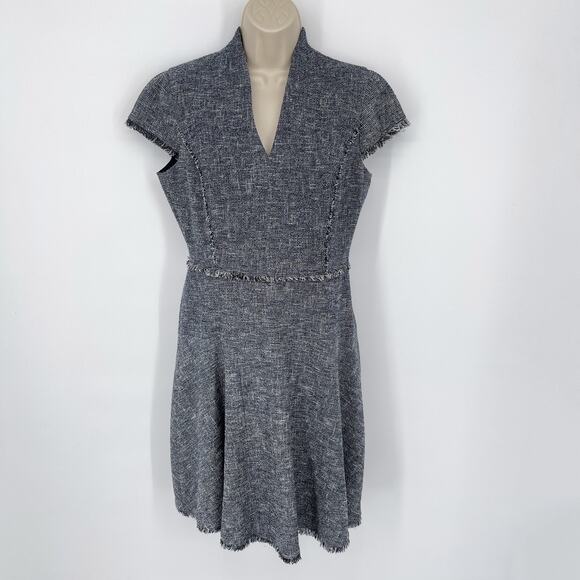 J. McLaughlin Zinnia Tweed Fit & Flare Dress Sz 4 Fringe Accent Navy White - Picture 1 of 13